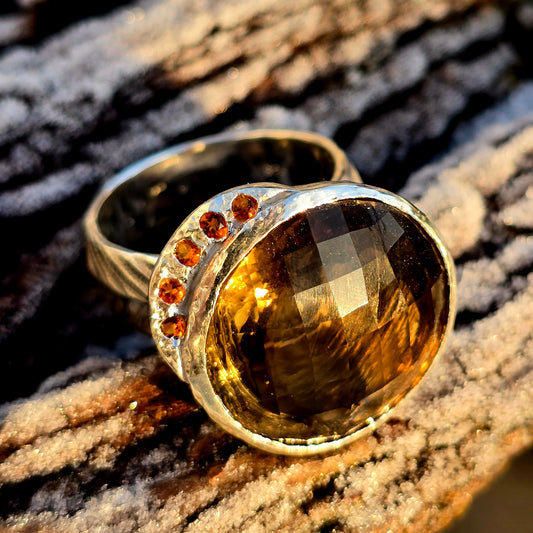 Statement-Silberring mit Rauchquarz (39 ct) & Citrinen | Größe 69 – Unikat