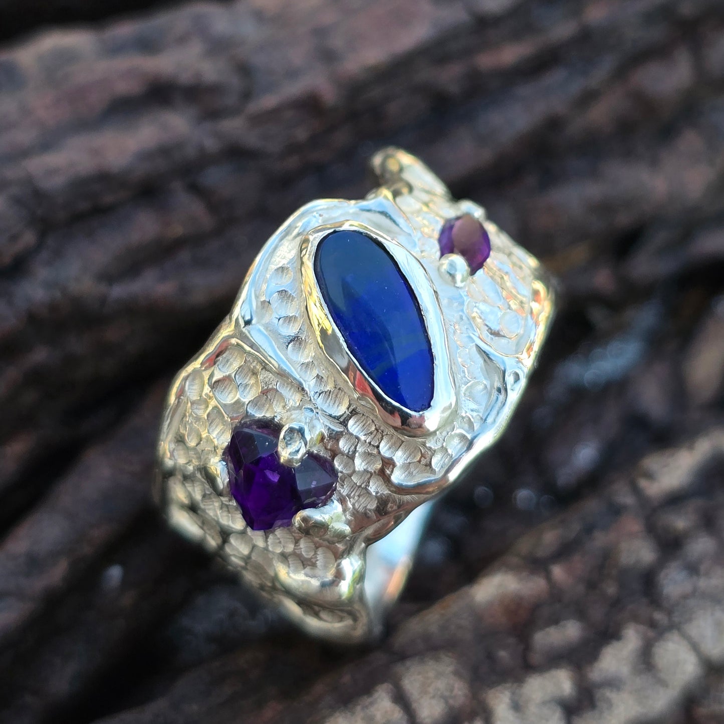 Silberring Opal & facettierter Amethyst | Unikat Größe 57