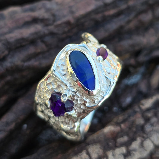 Silberring Opal & facettierter Amethyst | Unikat Größe 57