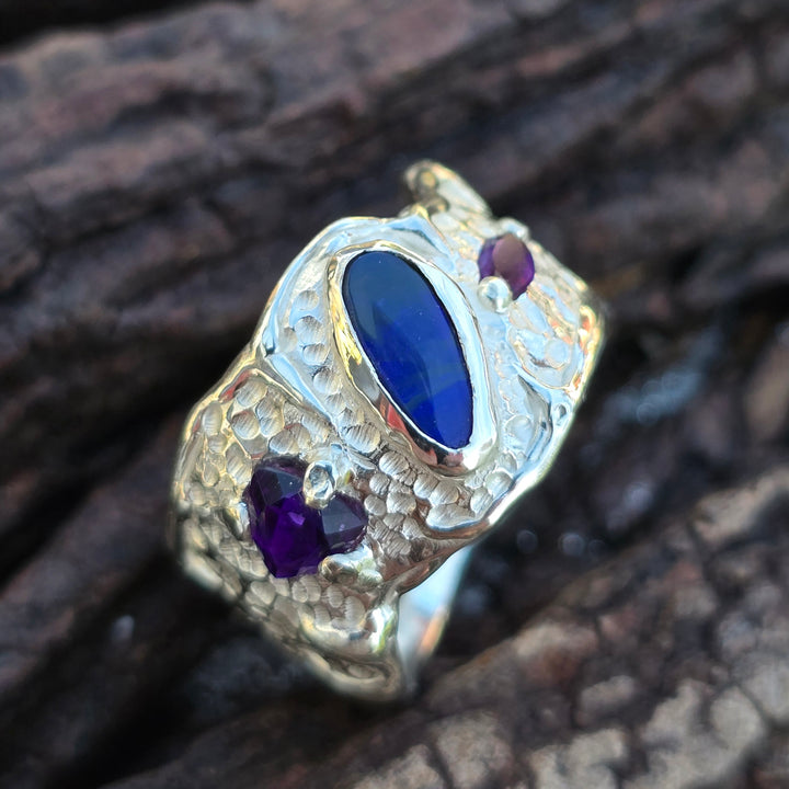 Silberring Opal &amp; facettierter Amethyst | Unikat Größe 57