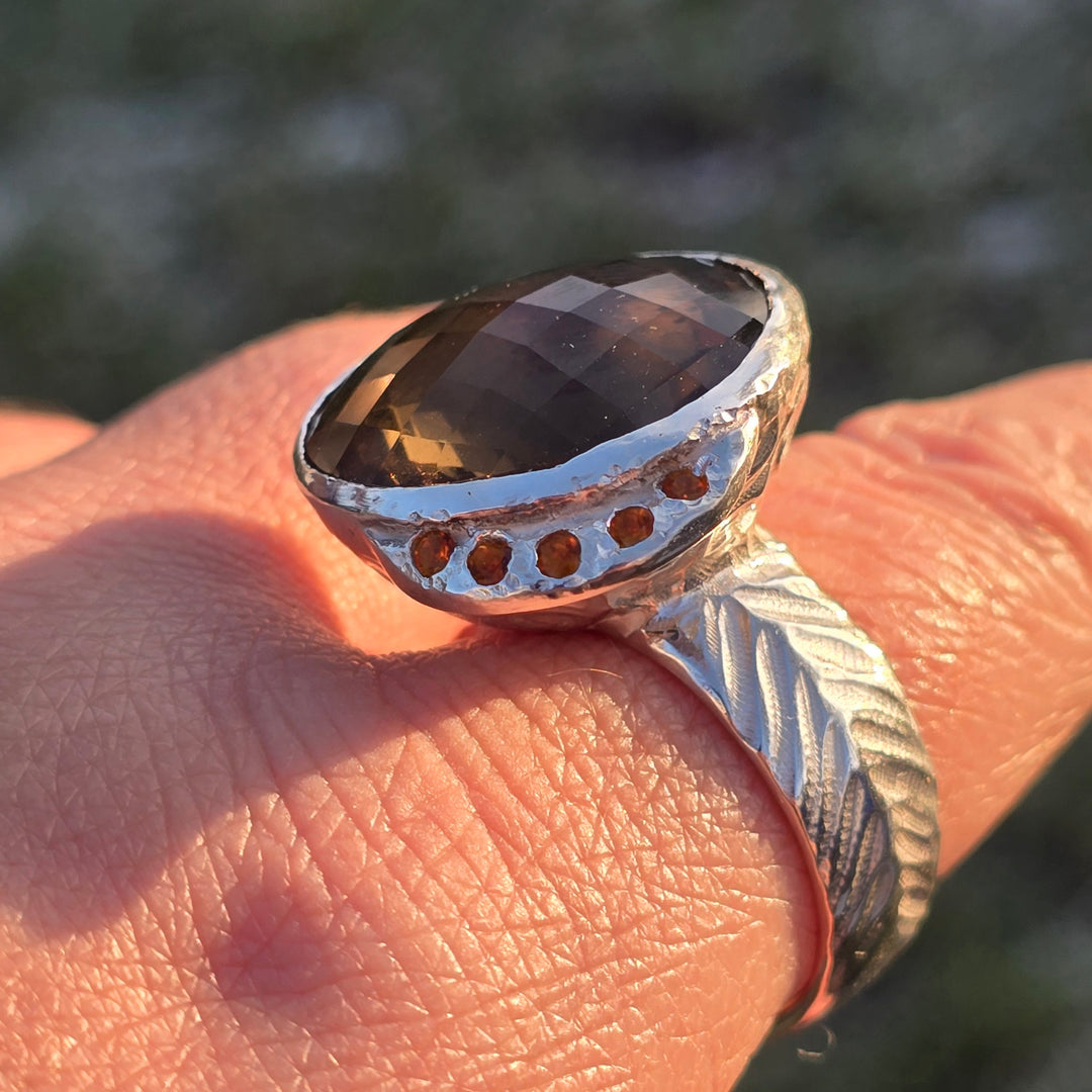 Statement-Silberring mit Rauchquarz (39 ct) &amp; Citrinen | Größe 69 – Unikat