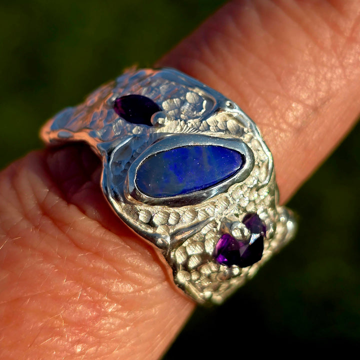 Silberring Opal &amp; facettierter Amethyst | Unikat Größe 57