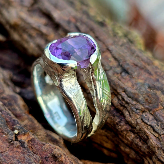 Handgefertigter Amethyst Ring aus 925er Silber |Größe 56 Unikat mit ovalem Stein