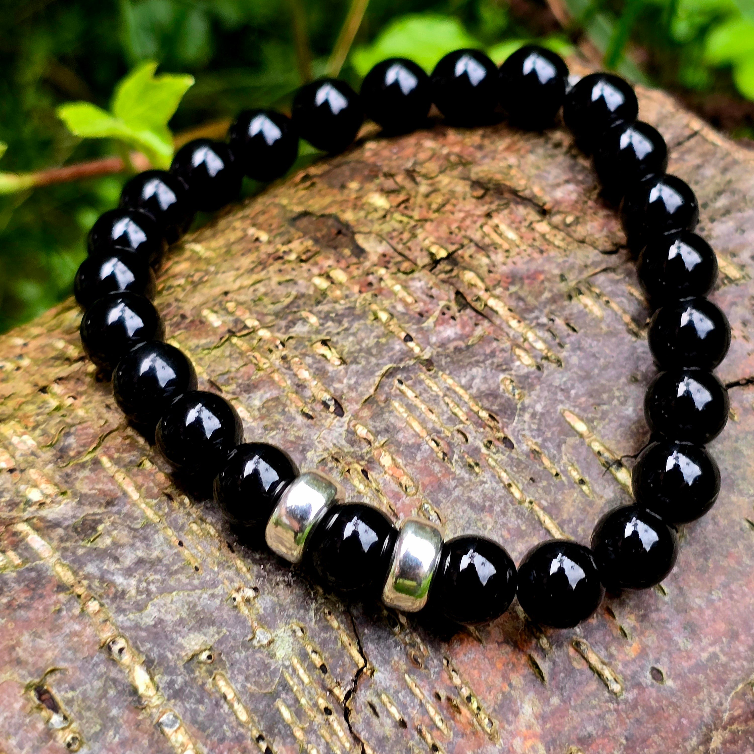 Schwarzes Turmalin-Armband mit 925er Silber-Elementen – 8 mm Edelstein ...