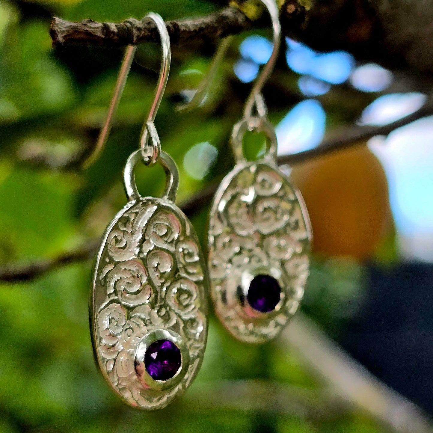 Silber Ohrhänger Schnörkel mit Amethyst | Unikat